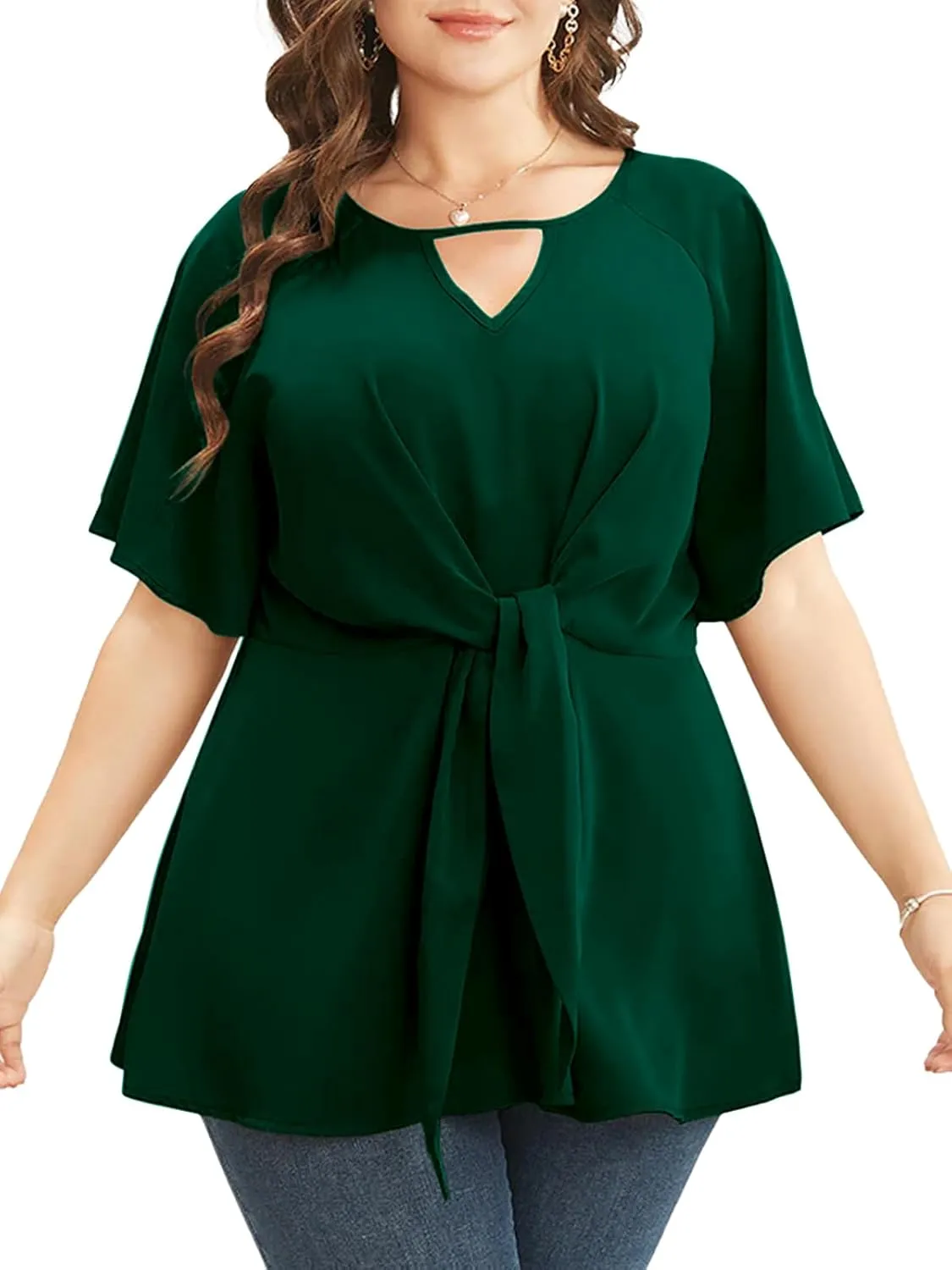 Cicy Bell Womens Plus Size Peplum Tops V Neck Keyhole Tie Front Ruffle Short Sleeve Tunic Blouse