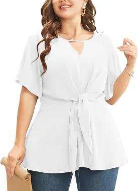 Cicy Bell Womens Plus Size Peplum Tops V Neck Keyhole Tie Front Ruffle Short Sleeve Tunic Blouse