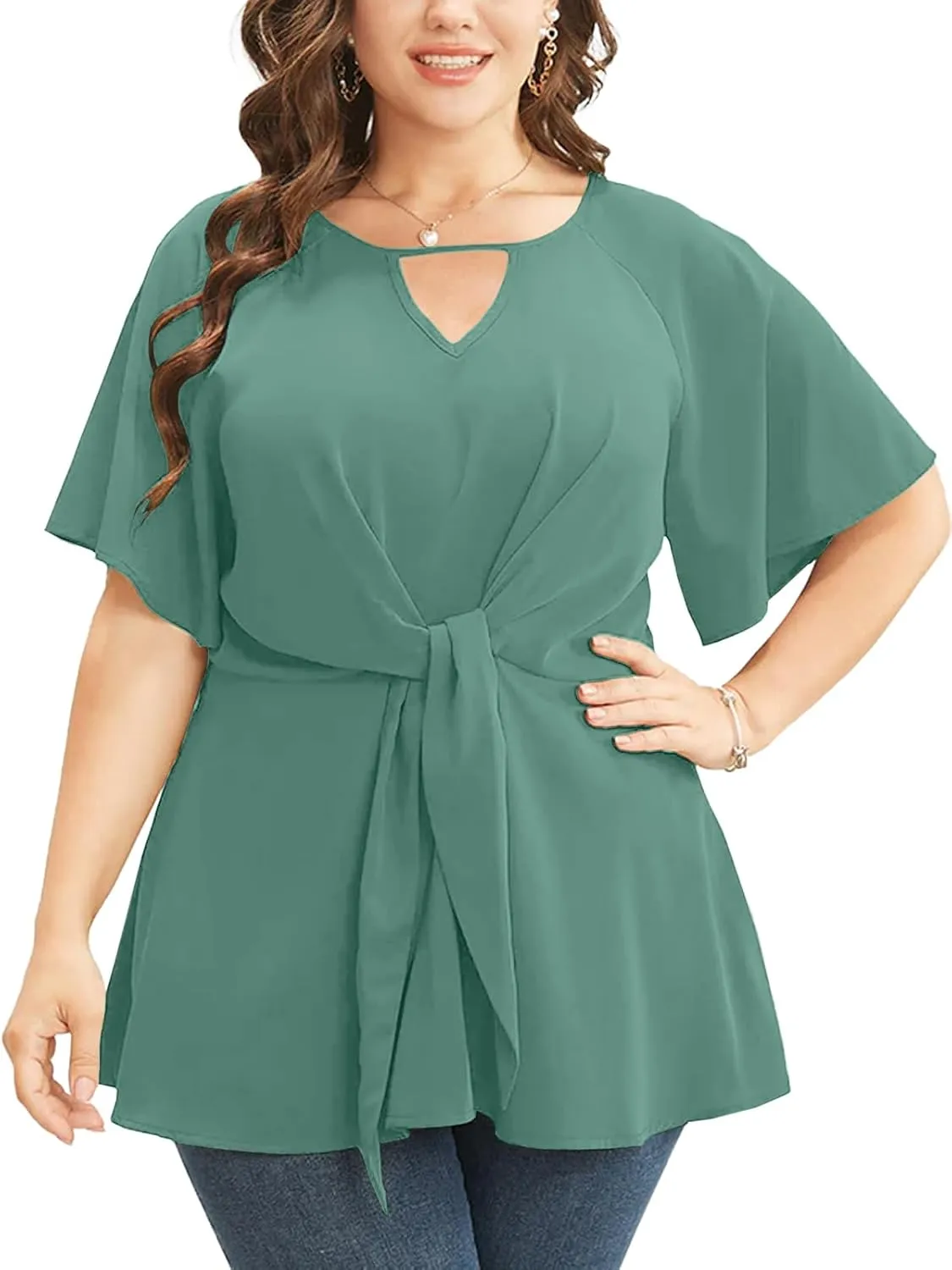 Cicy Bell Womens Plus Size Peplum Tops V Neck Keyhole Tie Front Ruffle Short Sleeve Tunic Blouse