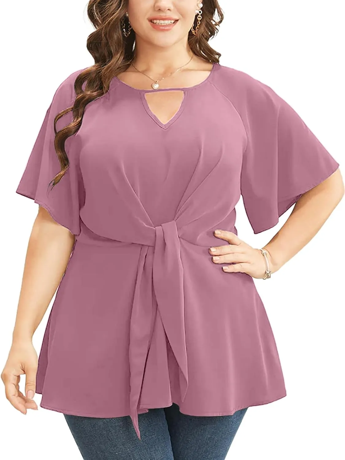 Cicy Bell Womens Plus Size Peplum Tops V Neck Keyhole Tie Front Ruffle Short Sleeve Tunic Blouse
