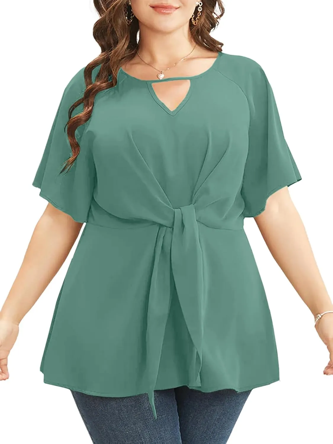 Cicy Bell Womens Plus Size Peplum Tops V Neck Keyhole Tie Front Ruffle Short Sleeve Tunic Blouse