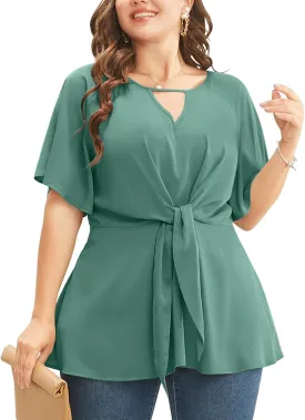 Cicy Bell Womens Plus Size Peplum Tops V Neck Keyhole Tie Front Ruffle Short Sleeve Tunic Blouse