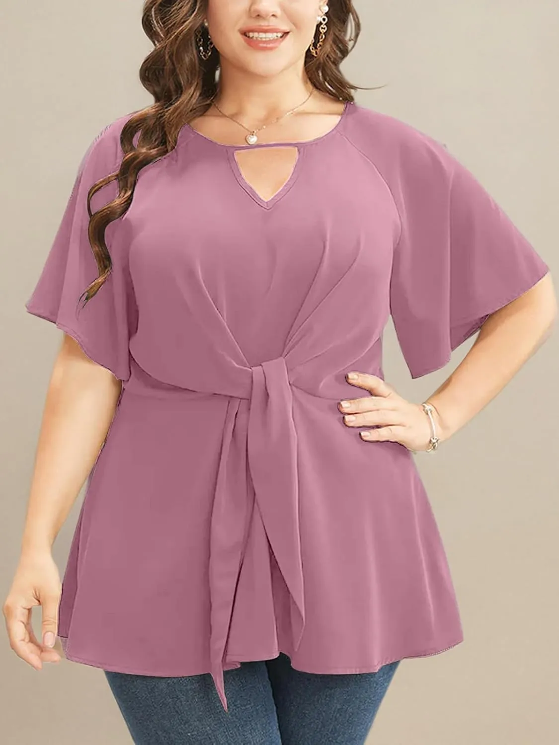 Cicy Bell Womens Plus Size Peplum Tops V Neck Keyhole Tie Front Ruffle Short Sleeve Tunic Blouse