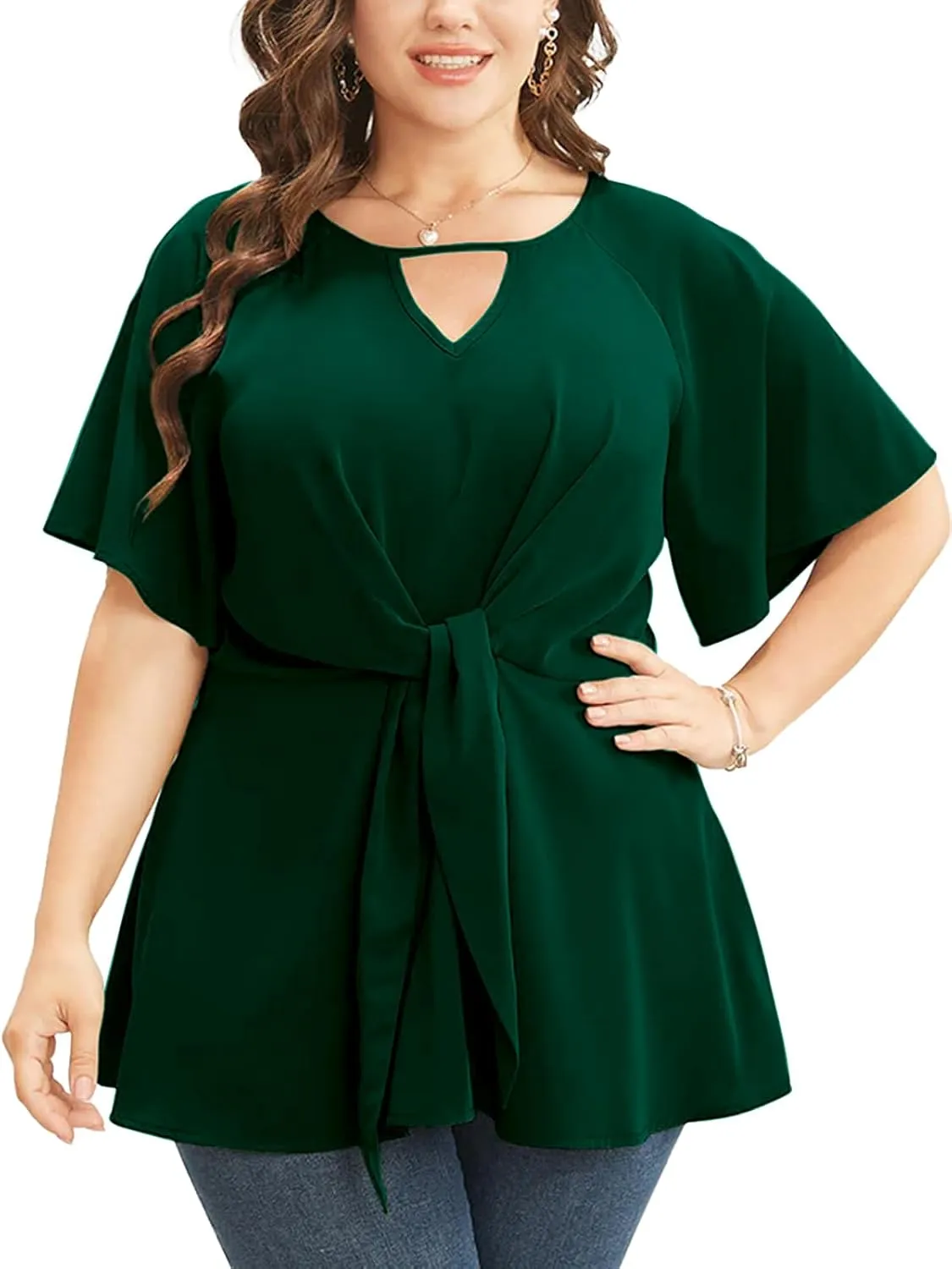 Cicy Bell Womens Plus Size Peplum Tops V Neck Keyhole Tie Front Ruffle Short Sleeve Tunic Blouse