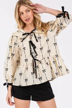 Cream Bow Print Tie Front Blouse