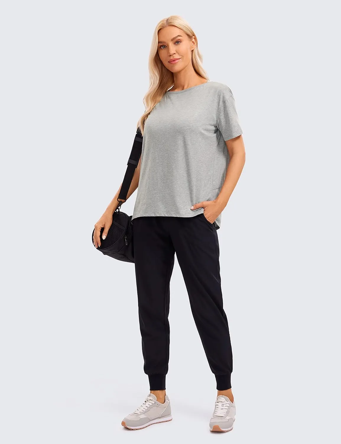 CRZ YOGA Women's Pima Cotton Short Sleeve Shirts Boat Neck Loose Fit Gym Workout T-Shirt Athletic Casual Tops
