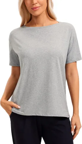 CRZ YOGA Women's Pima Cotton Short Sleeve Shirts Boat Neck Loose Fit Gym Workout T-Shirt Athletic Casual Tops