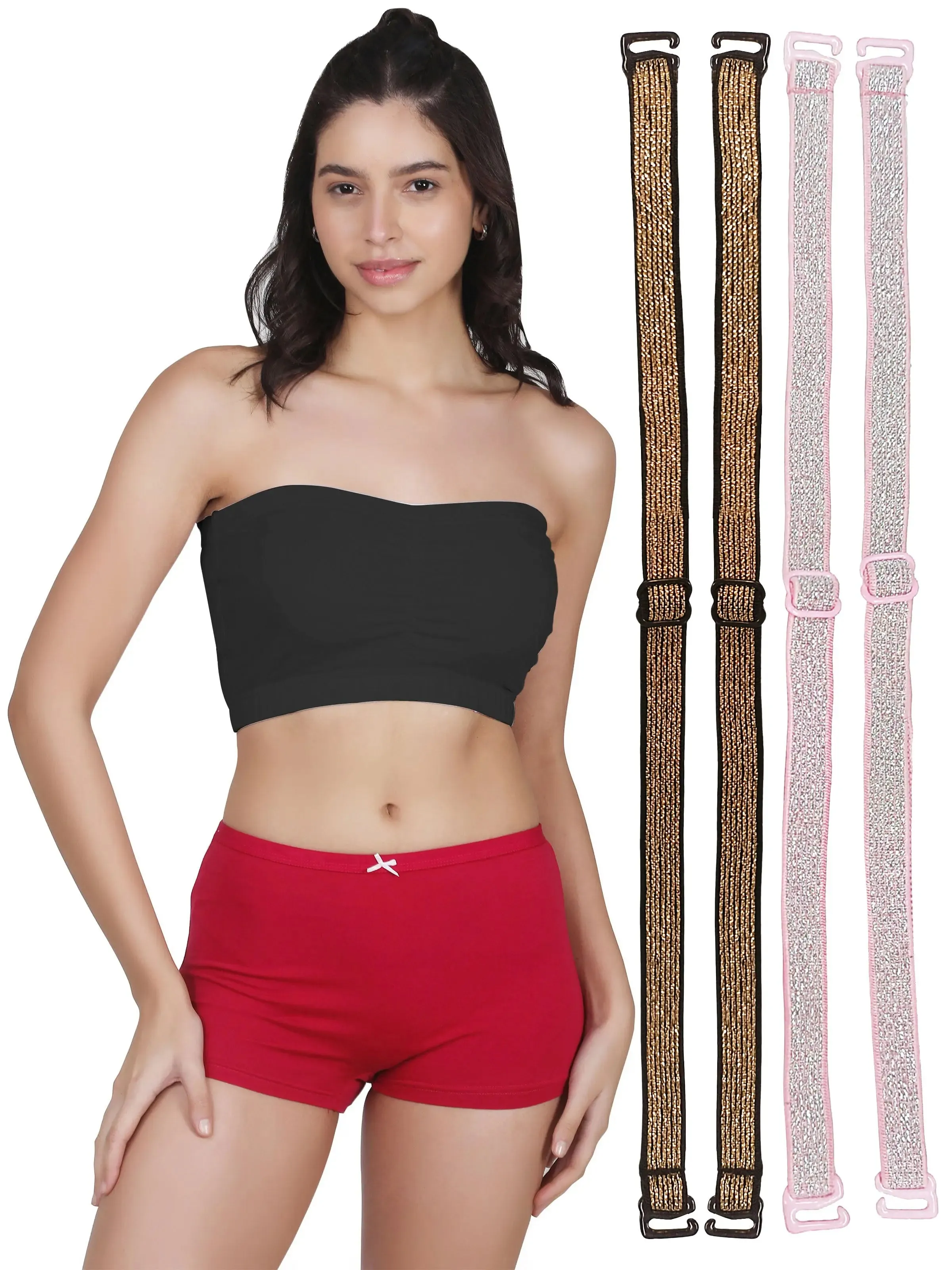 D'chica Cotton Strapless Tube Bra for Women | Bandeau Bra with Removable Pads | Black Tube Top with Adjustable Nylon Elastane Straps - Pack of 3