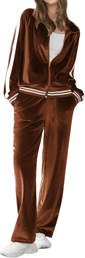 Ekouaer Women's Velvet Velor Tracksuits 2 Piece Lounge Outfits Zip Up Sweatshirt and Sweatpants with Pockets S-3XL