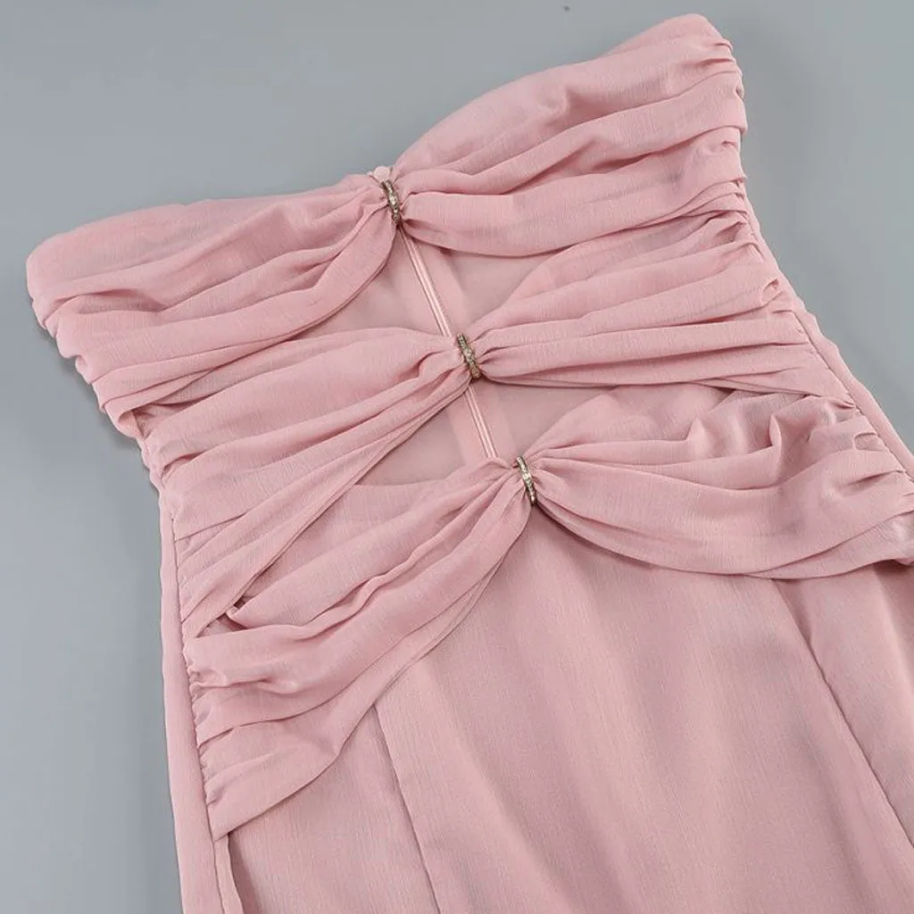 Elegant Scarf Neck Strapless Cutout Ruched Chiffon Godet Mermaid Maxi Dress