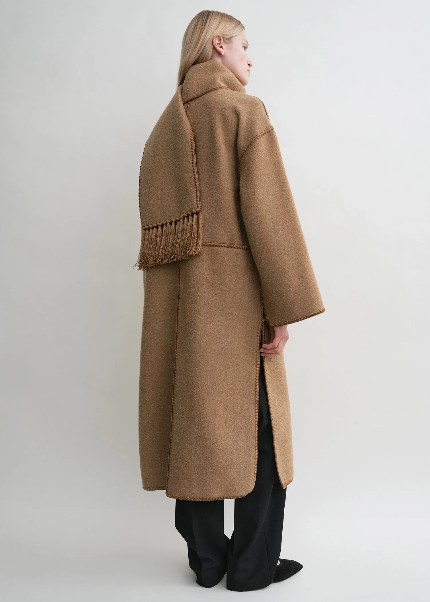 Embroidered scarf coat camel