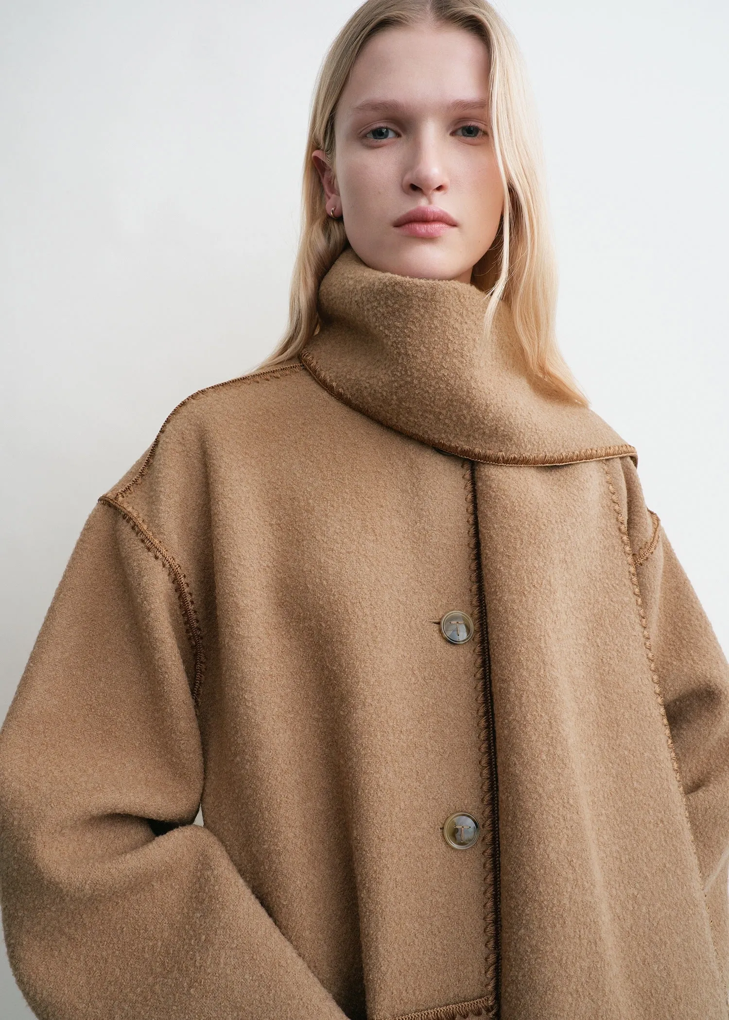 Embroidered scarf coat camel