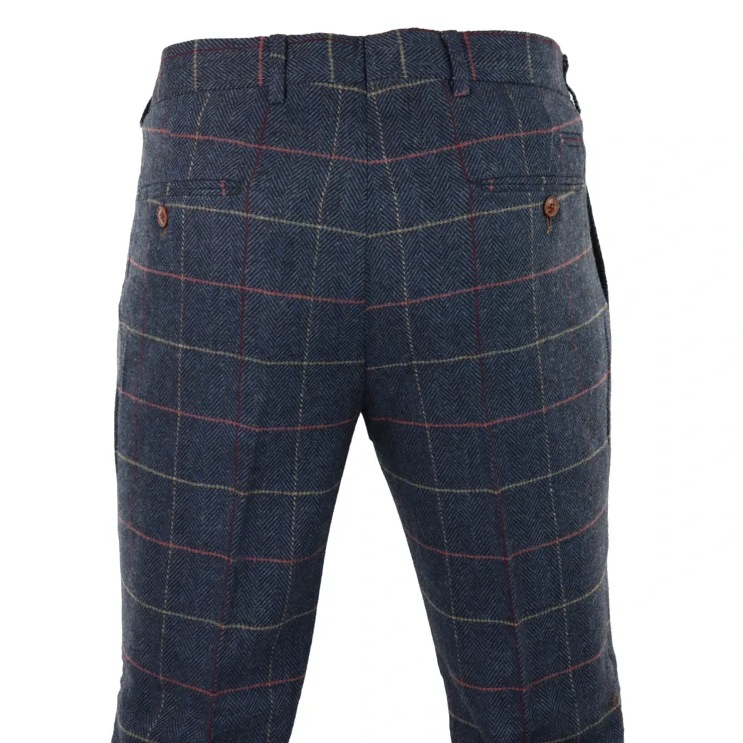 Eton - Men's Navy Blue Wine Check Herringbone Tweed Trousers