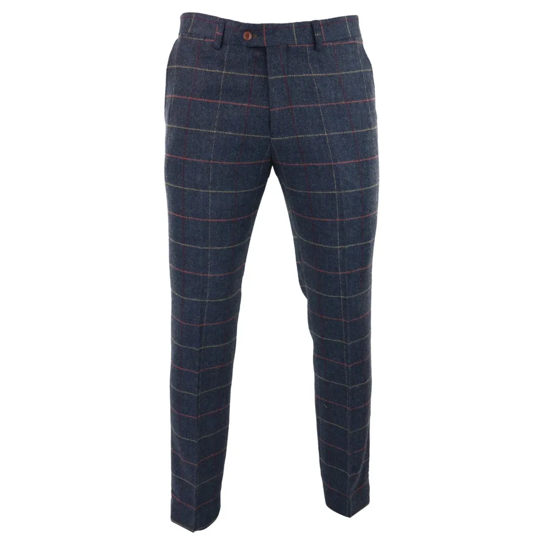 Eton - Men's Navy Blue Wine Check Herringbone Tweed Trousers