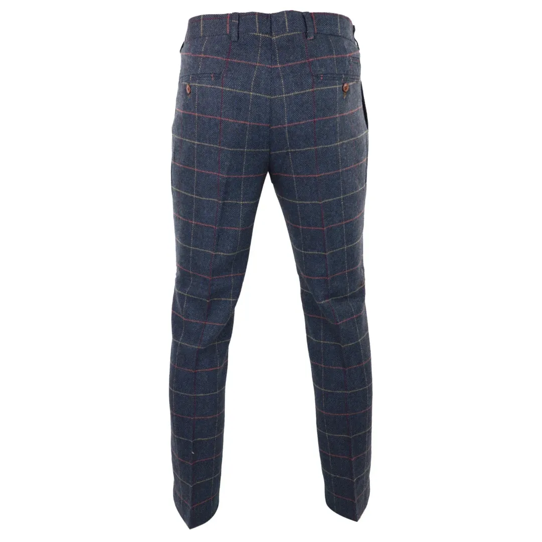 Eton - Men's Navy Blue Wine Check Herringbone Tweed Trousers