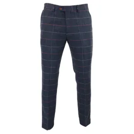 Eton - Men's Navy Blue Wine Check Herringbone Tweed Trousers
