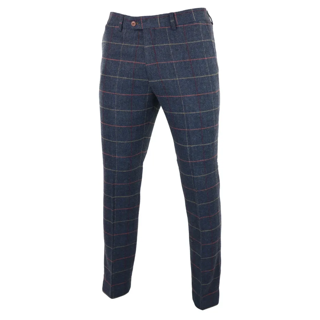 Eton - Men's Navy Blue Wine Check Herringbone Tweed Trousers