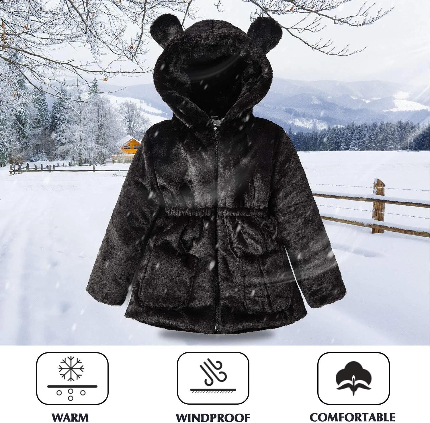 FARVALUE Baby Girls Winter Coats Toddler Faux Fur Hooded Warm Cozy Zip-Up Jacket for Little Girls