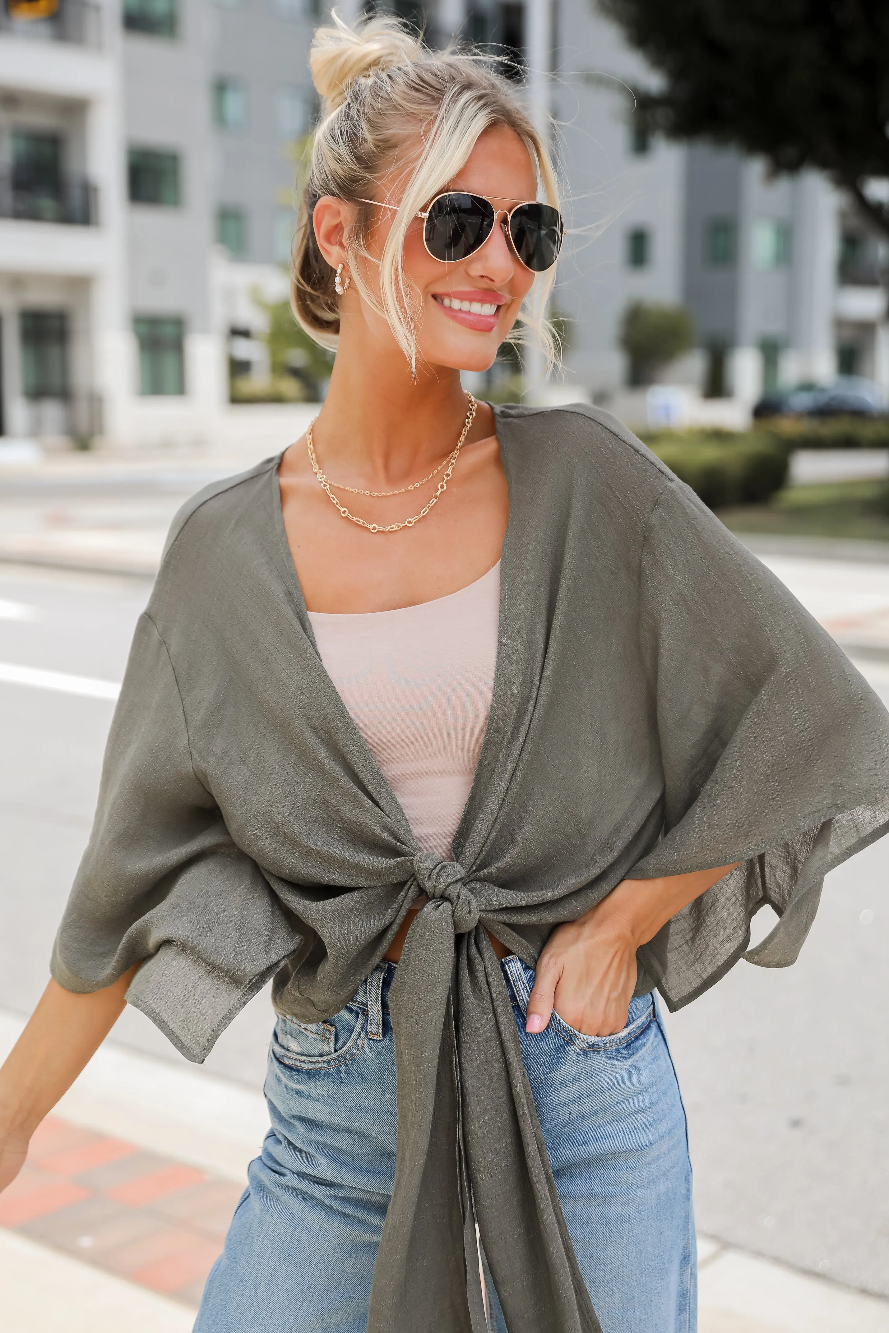 FINAL SALE - Enchanting Presence Olive Tie-Front Blouse