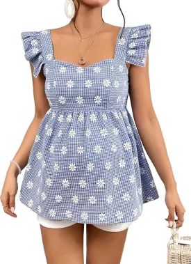 Floerns Women's Striped Print Boat Neck Tie Back Sleeveless Maternity Peplum Blouse Tops