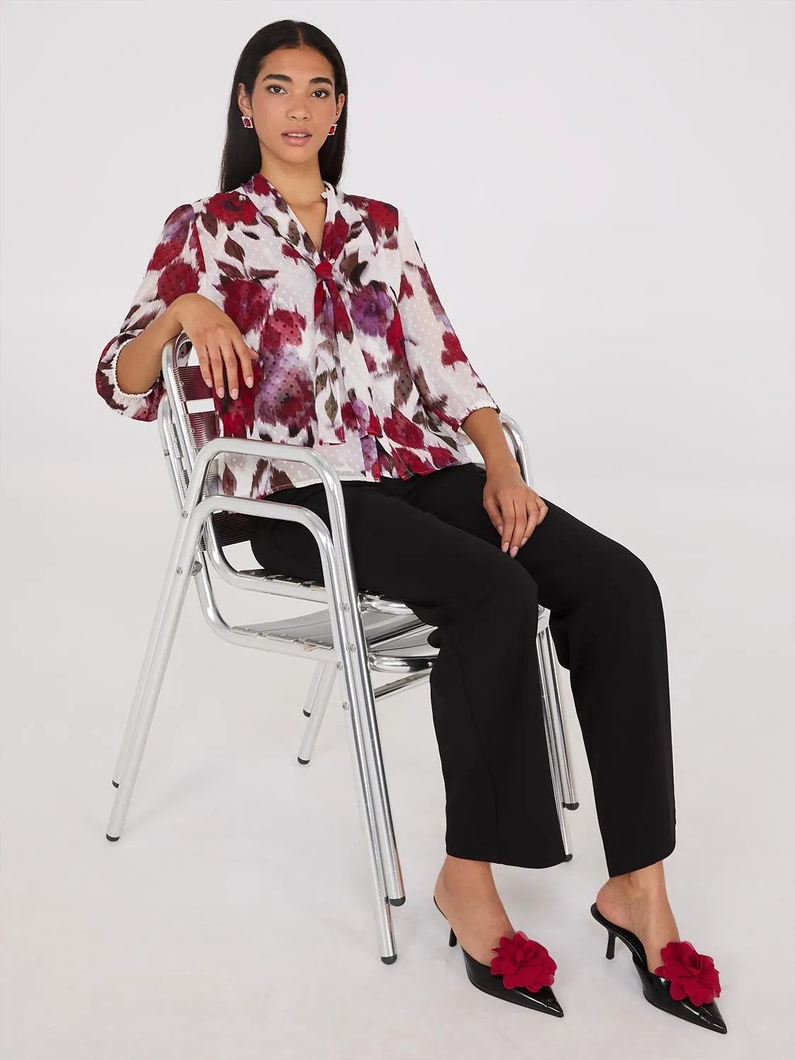 Floral Print Chiffon Tie Neck Blouse