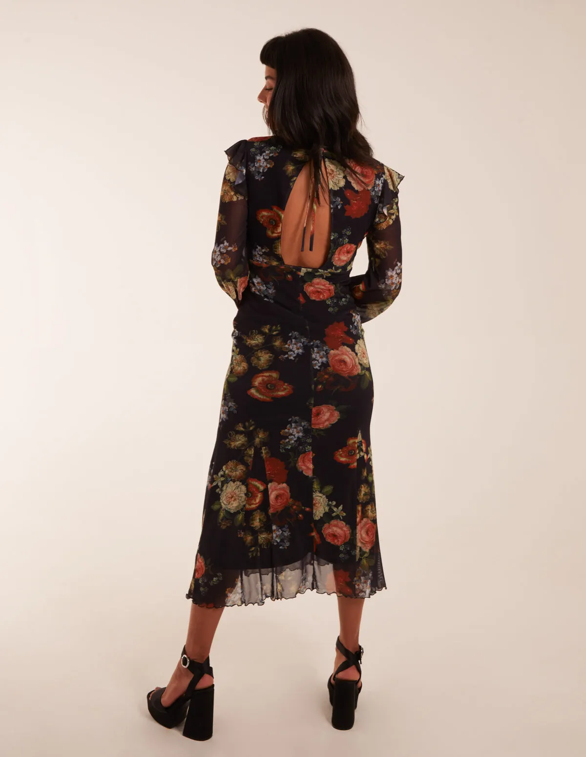 Godet Hem Frill Floral Cut Out Back Dress