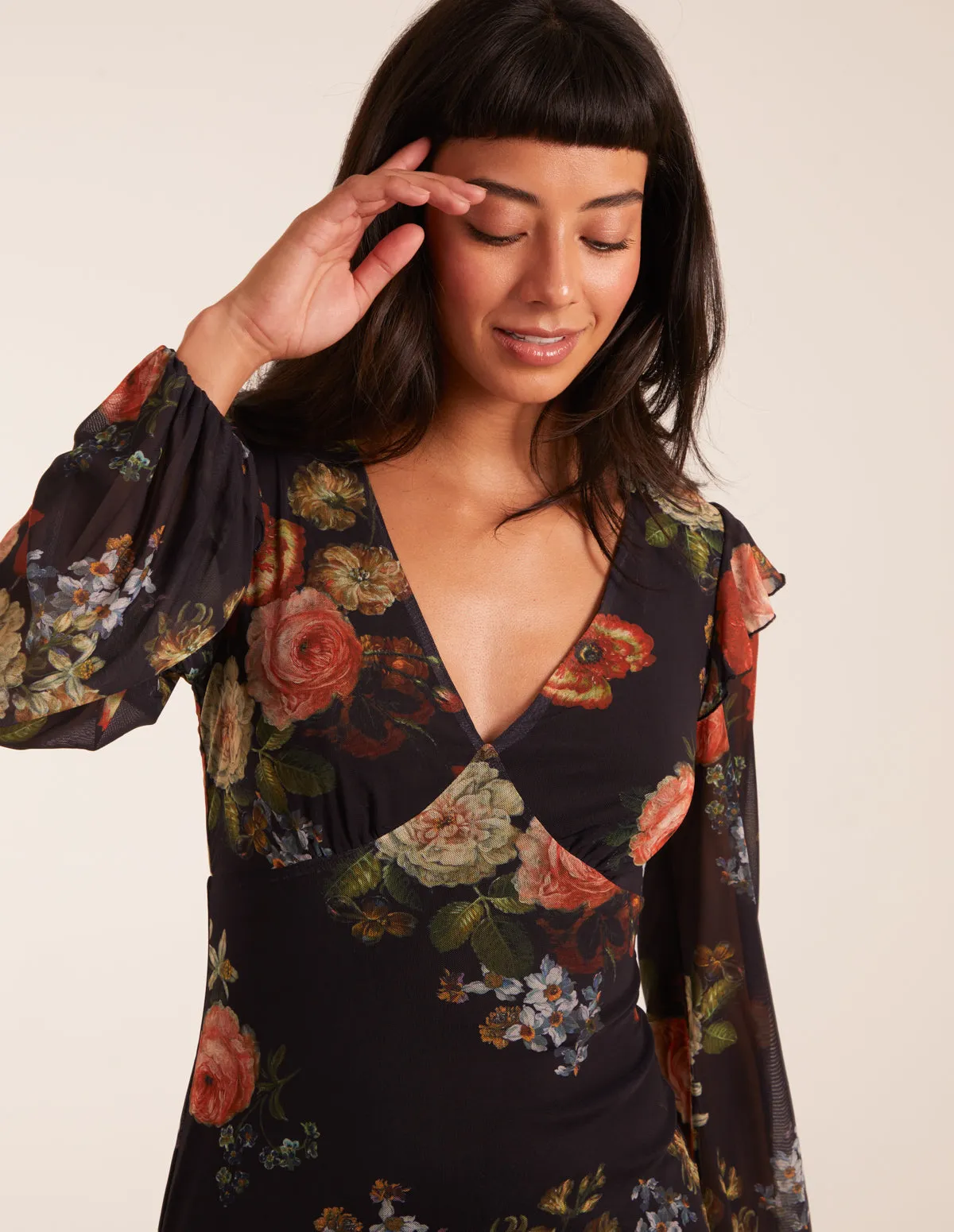 Godet Hem Frill Floral Cut Out Back Dress
