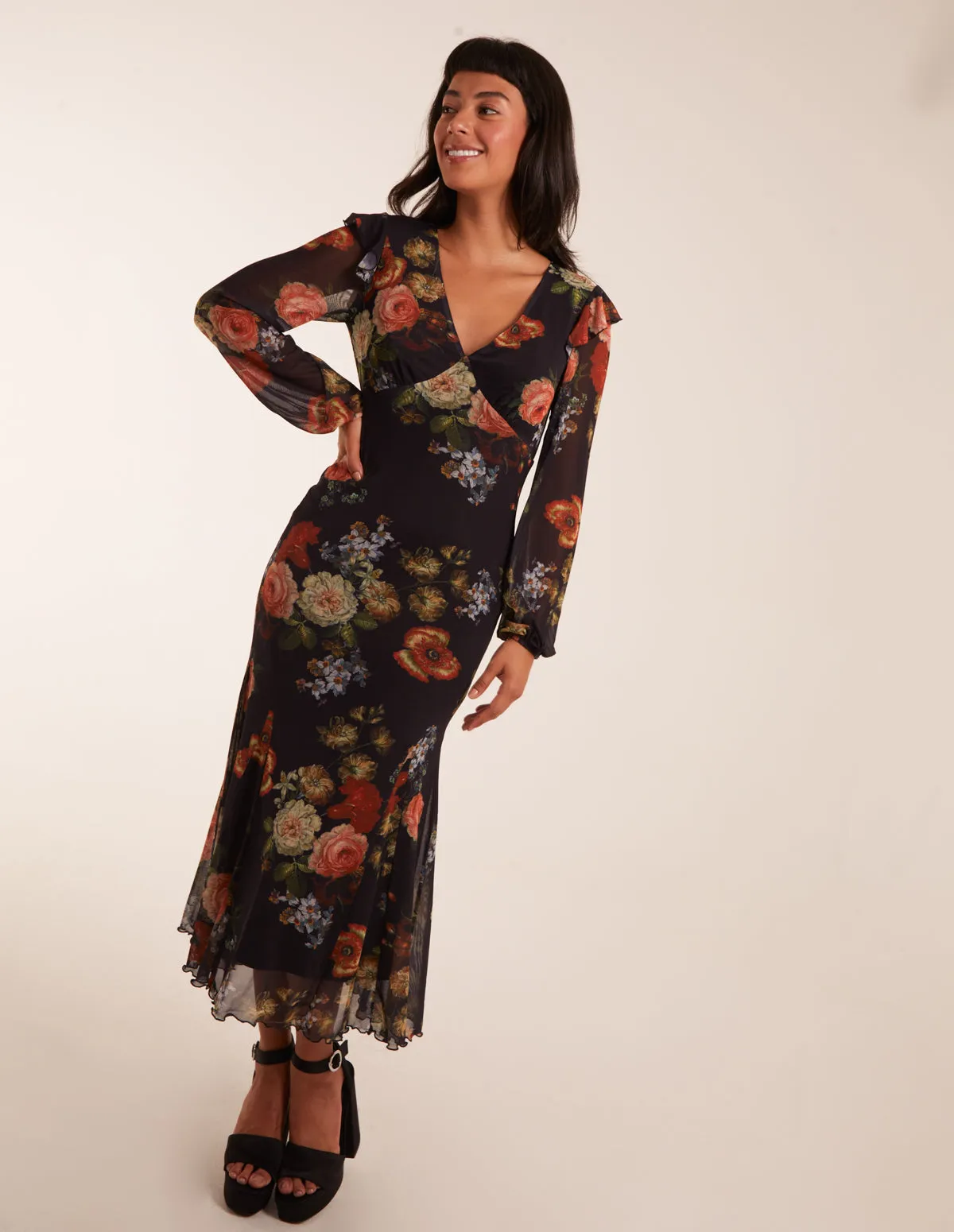 Godet Hem Frill Floral Cut Out Back Dress