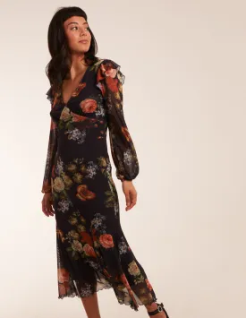 Godet Hem Frill Floral Cut Out Back Dress