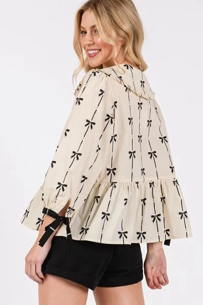 Hazel Blues® |  SAGE   FIG Bow Print Tie Front Babydoll Blouse