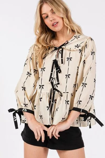 Hazel Blues® |  SAGE   FIG Bow Print Tie Front Babydoll Blouse