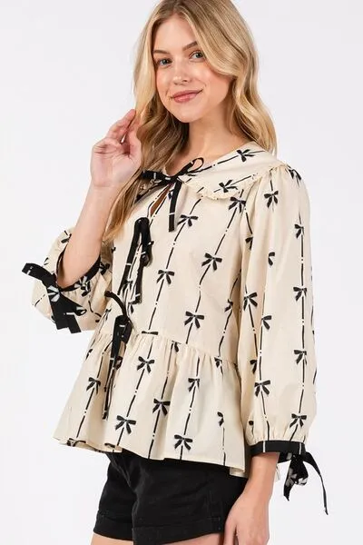 Hazel Blues® |  SAGE   FIG Bow Print Tie Front Babydoll Blouse