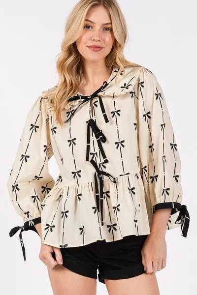 Hazel Blues® |  SAGE   FIG Bow Print Tie Front Babydoll Blouse