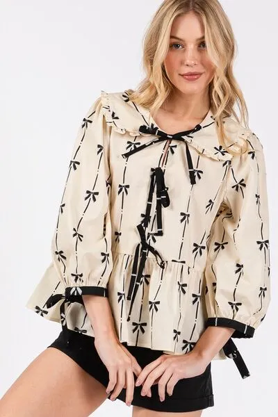 Hazel Blues® |  SAGE   FIG Bow Print Tie Front Babydoll Blouse