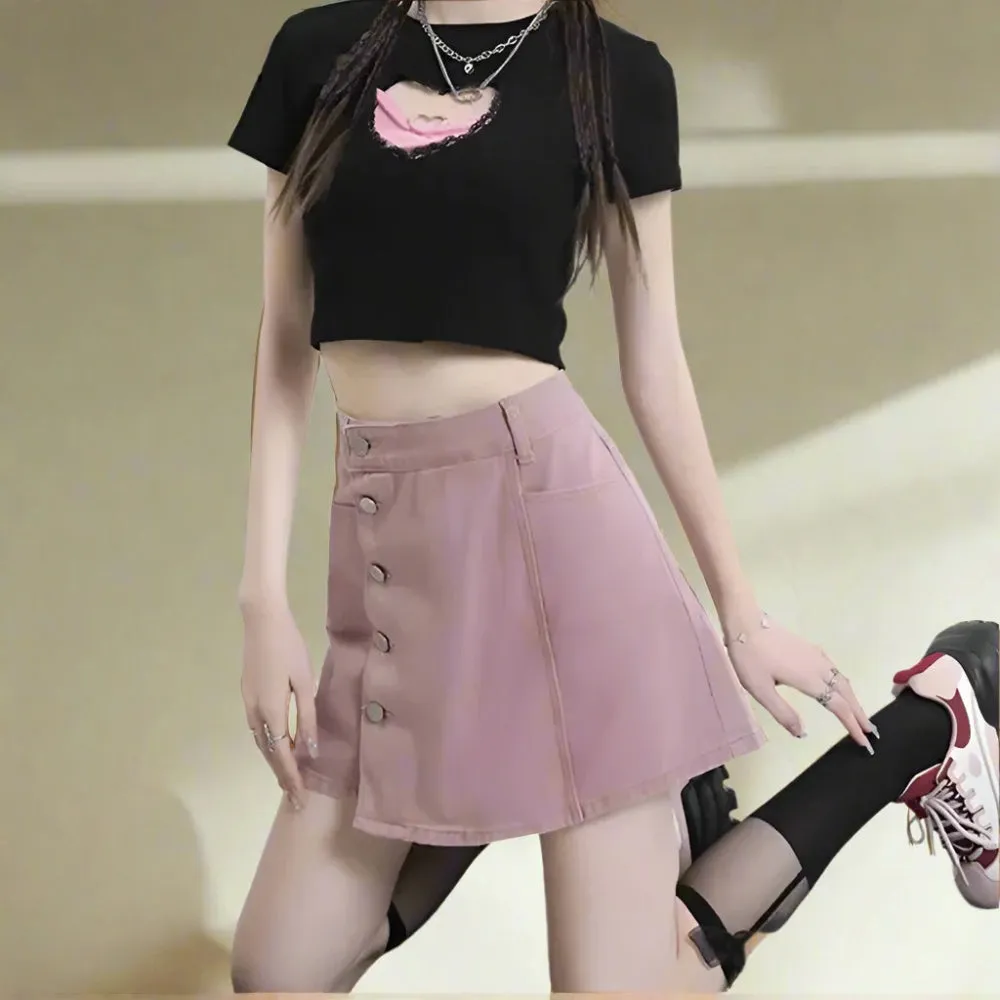 High Waist A-Line Mini Skirt – Cute Button Detail
