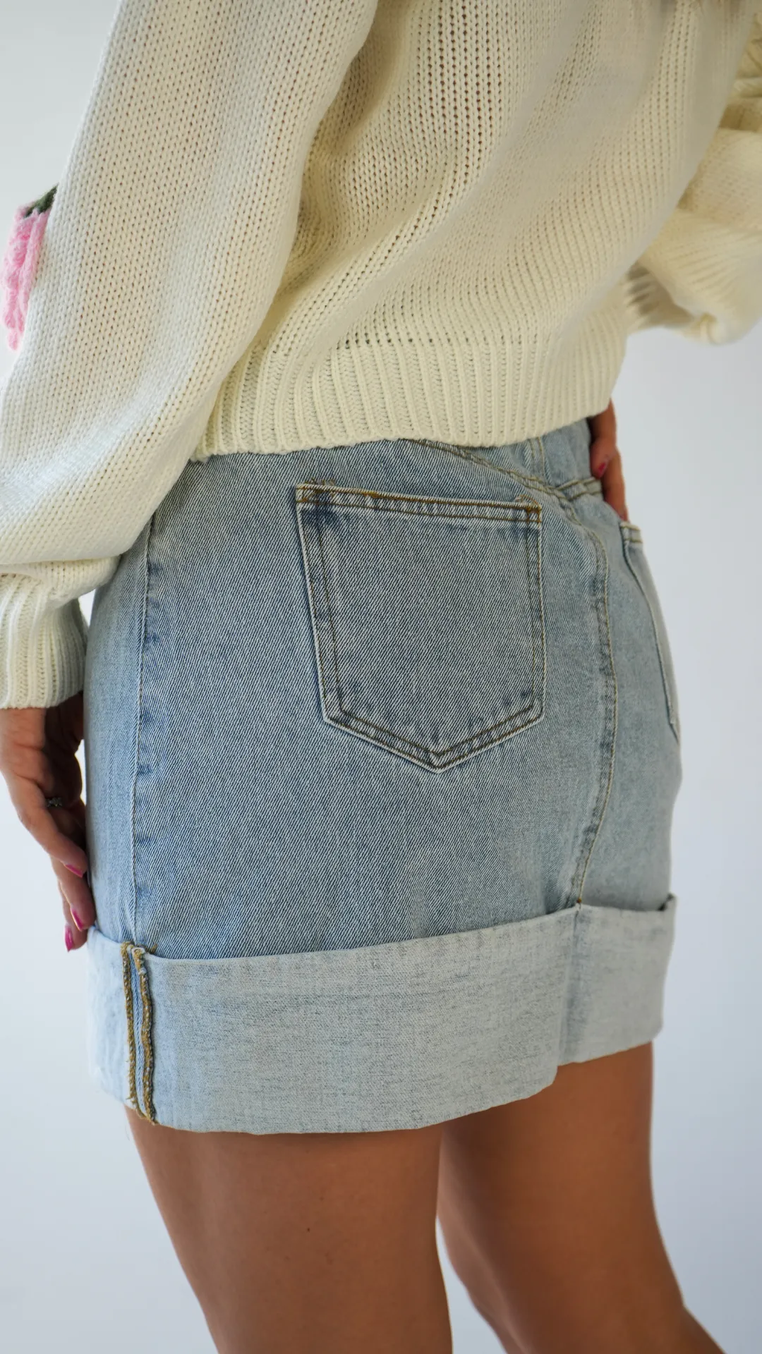 High Waisted Cuffed Denim Mini Skirt