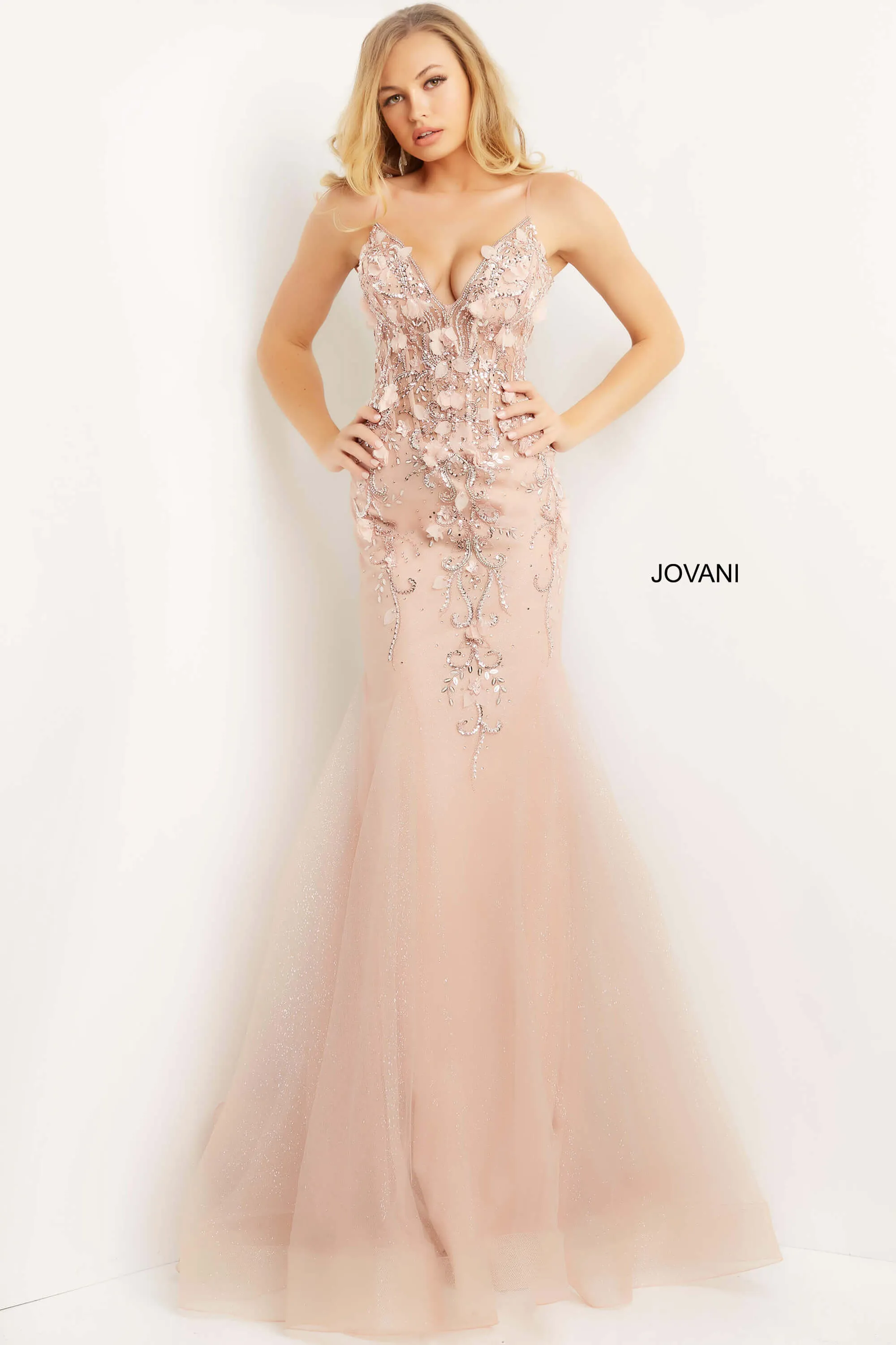 Jovani 05839 Long Mermaid Prom Dress Pageant Gown Formal Dress Floral V Neck Formal Pageant Gown