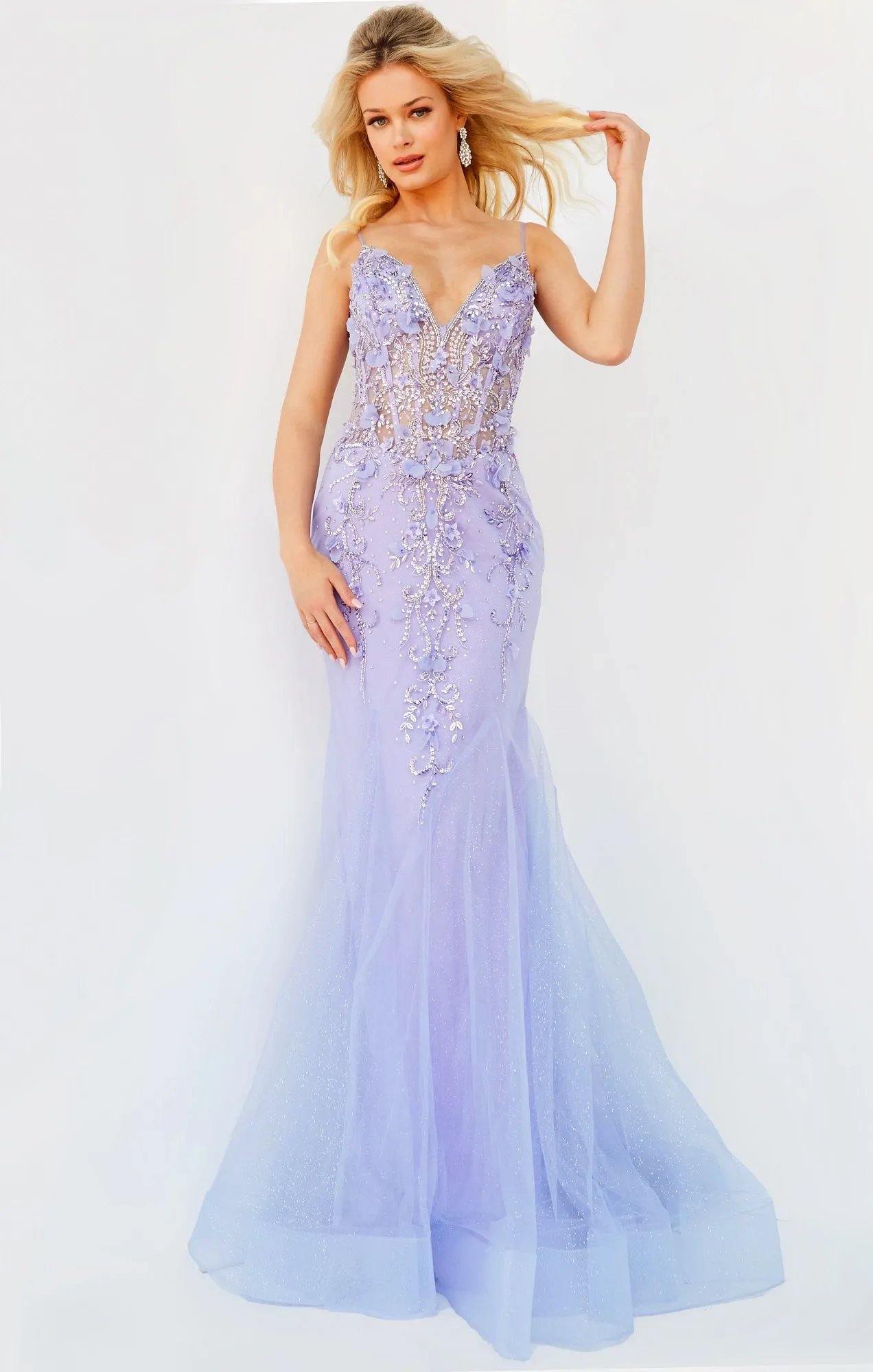 Jovani 05839 Long Mermaid Prom Dress Pageant Gown Formal Dress Floral V Neck Formal Pageant Gown