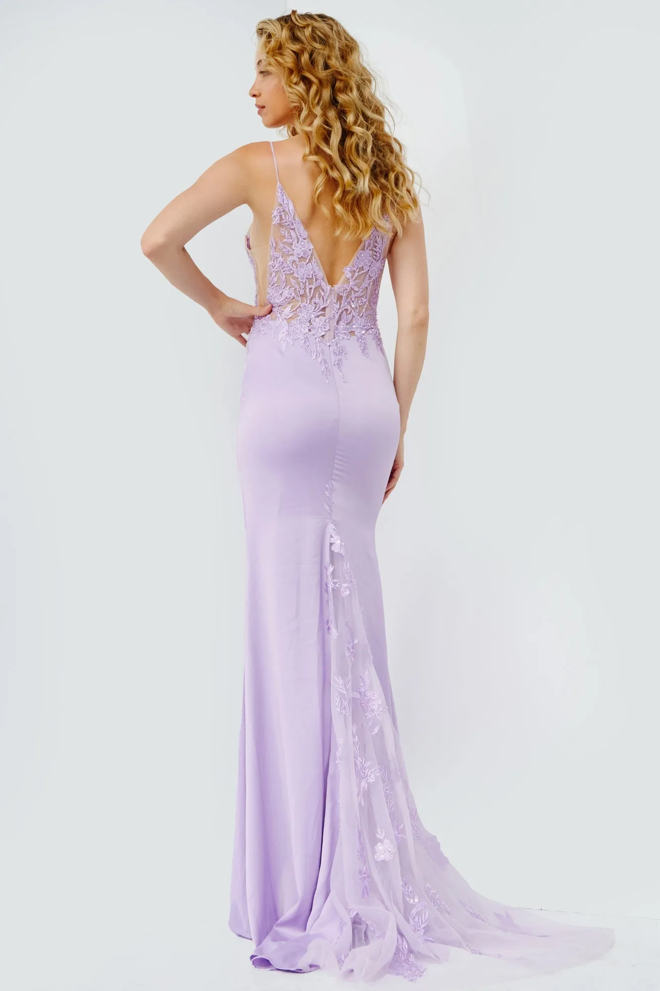 Jovani 23124 Lace Bodice Plunging Neckline Prom Dress Lace Train Evening Gown