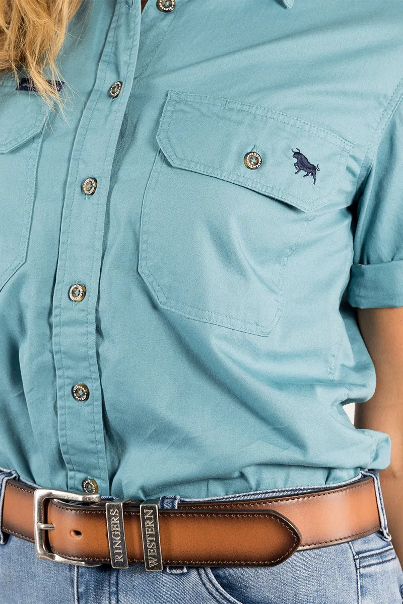 Jules Womens Full Button Short Sleeve Work Shirt - Dusty Jade