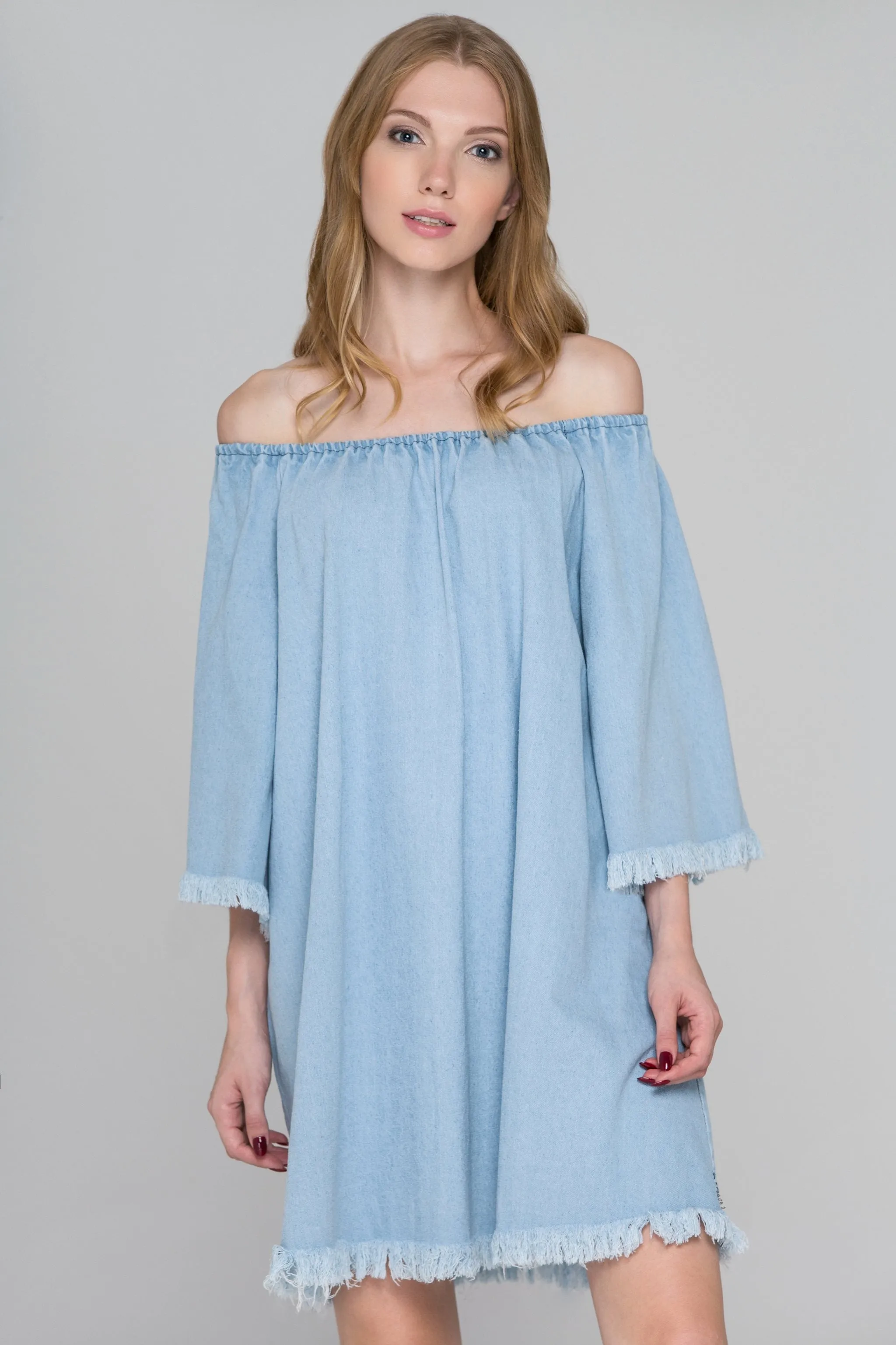 Light Blue Denim Bell Sleeve Mini Dress