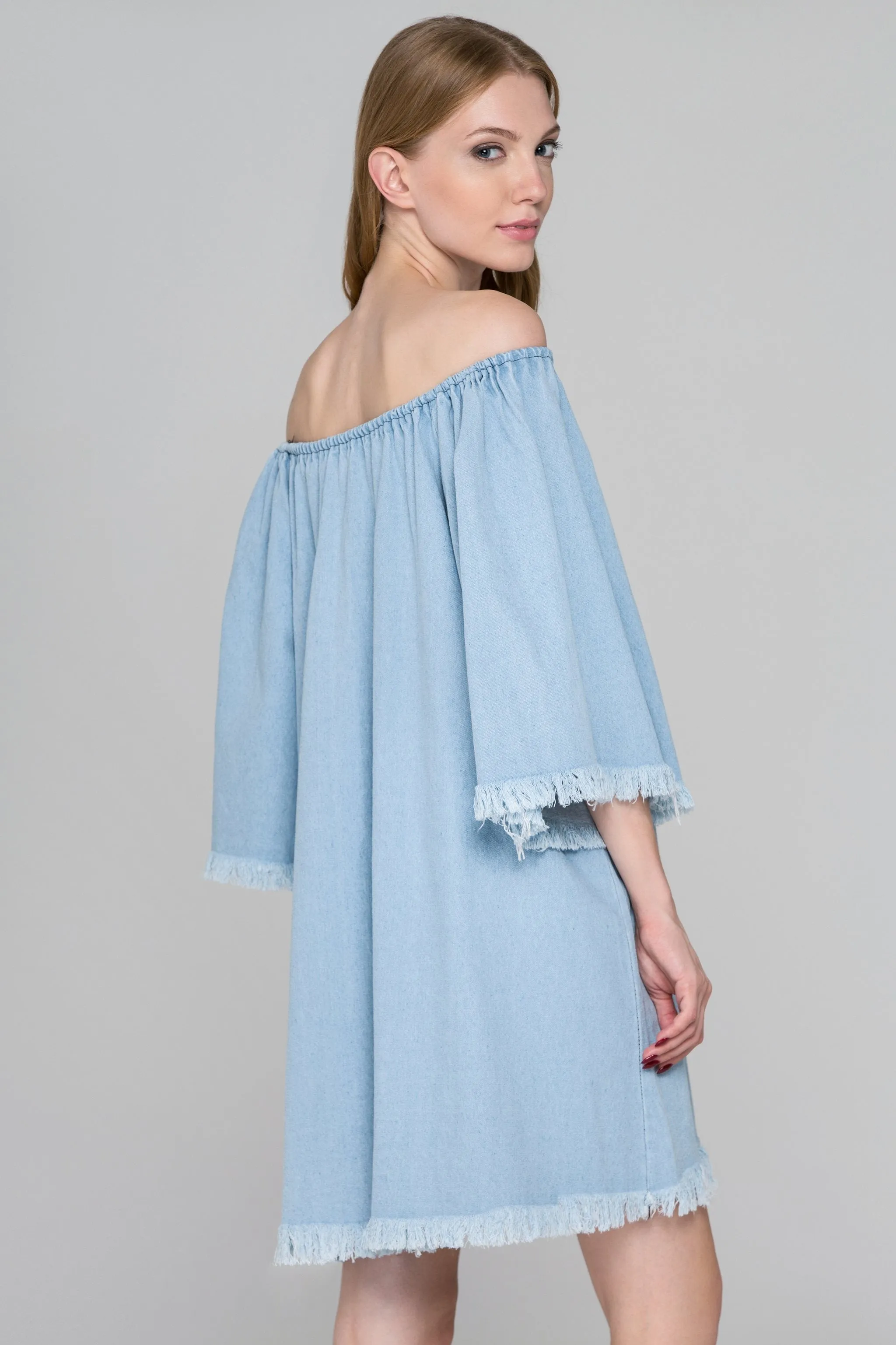 Light Blue Denim Bell Sleeve Mini Dress