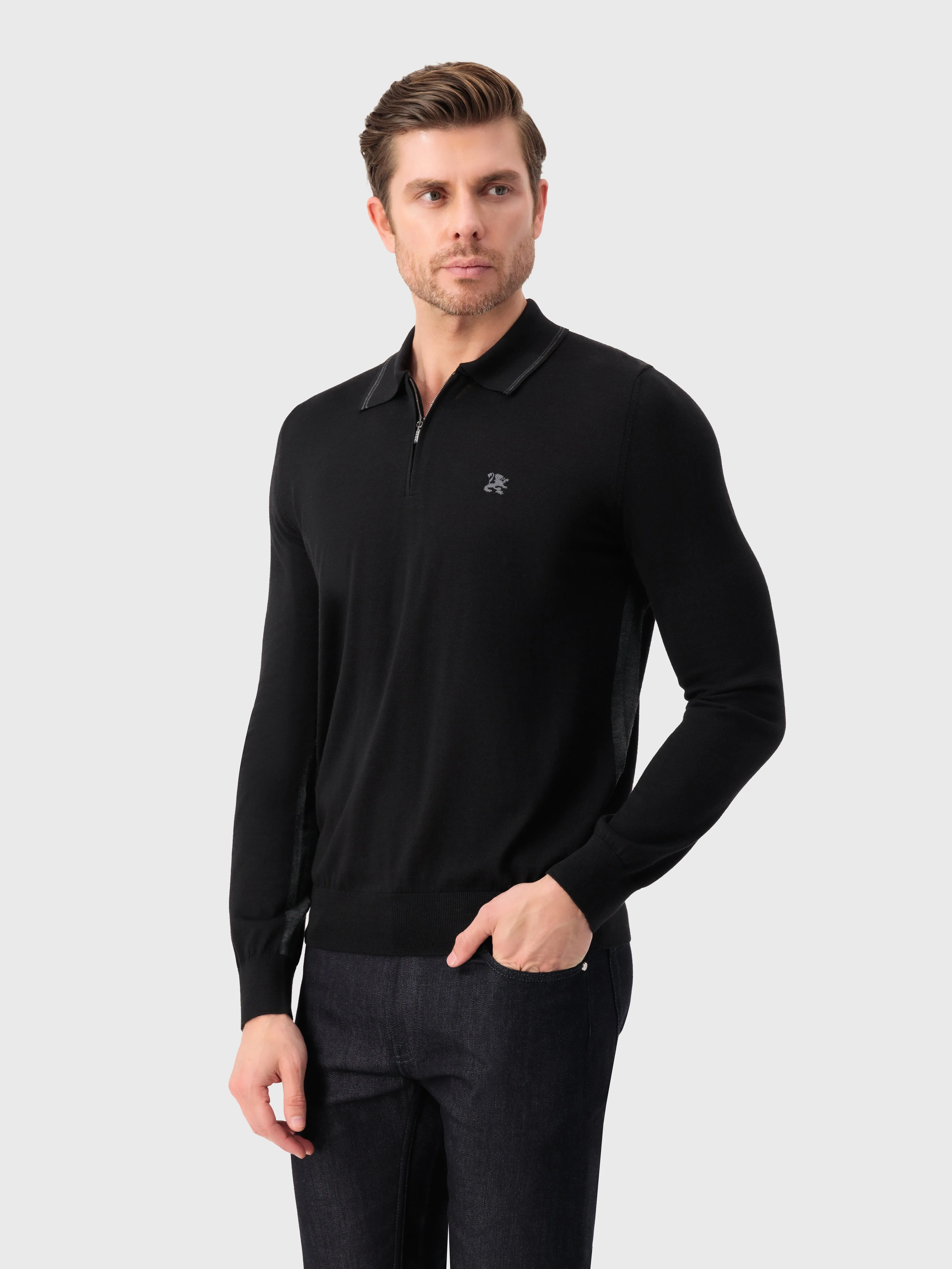 Long Sleeve Polo Shirt with Griffon Emblem Embroidery Black