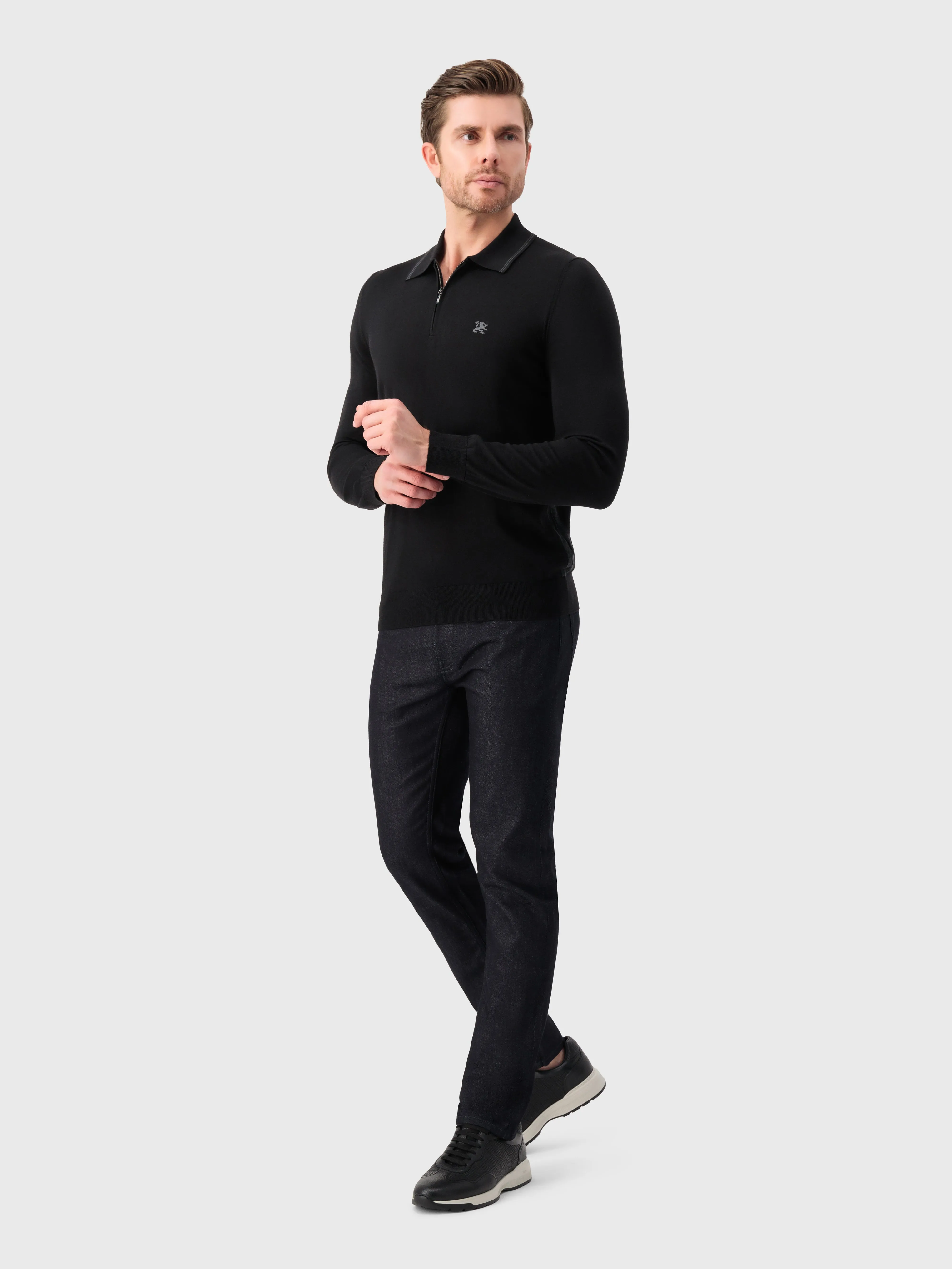 Long Sleeve Polo Shirt with Griffon Emblem Embroidery Black