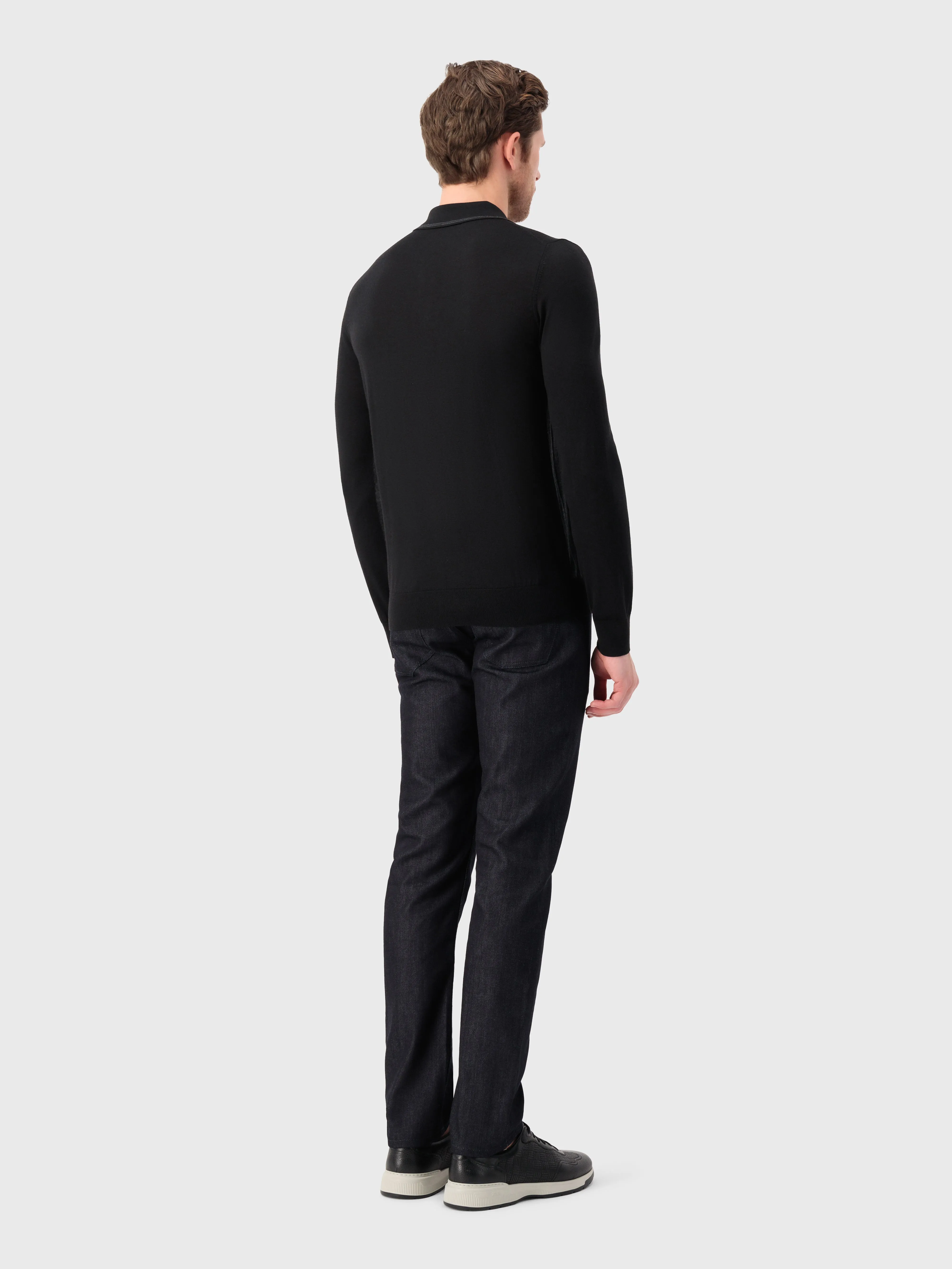 Long Sleeve Polo Shirt with Griffon Emblem Embroidery Black