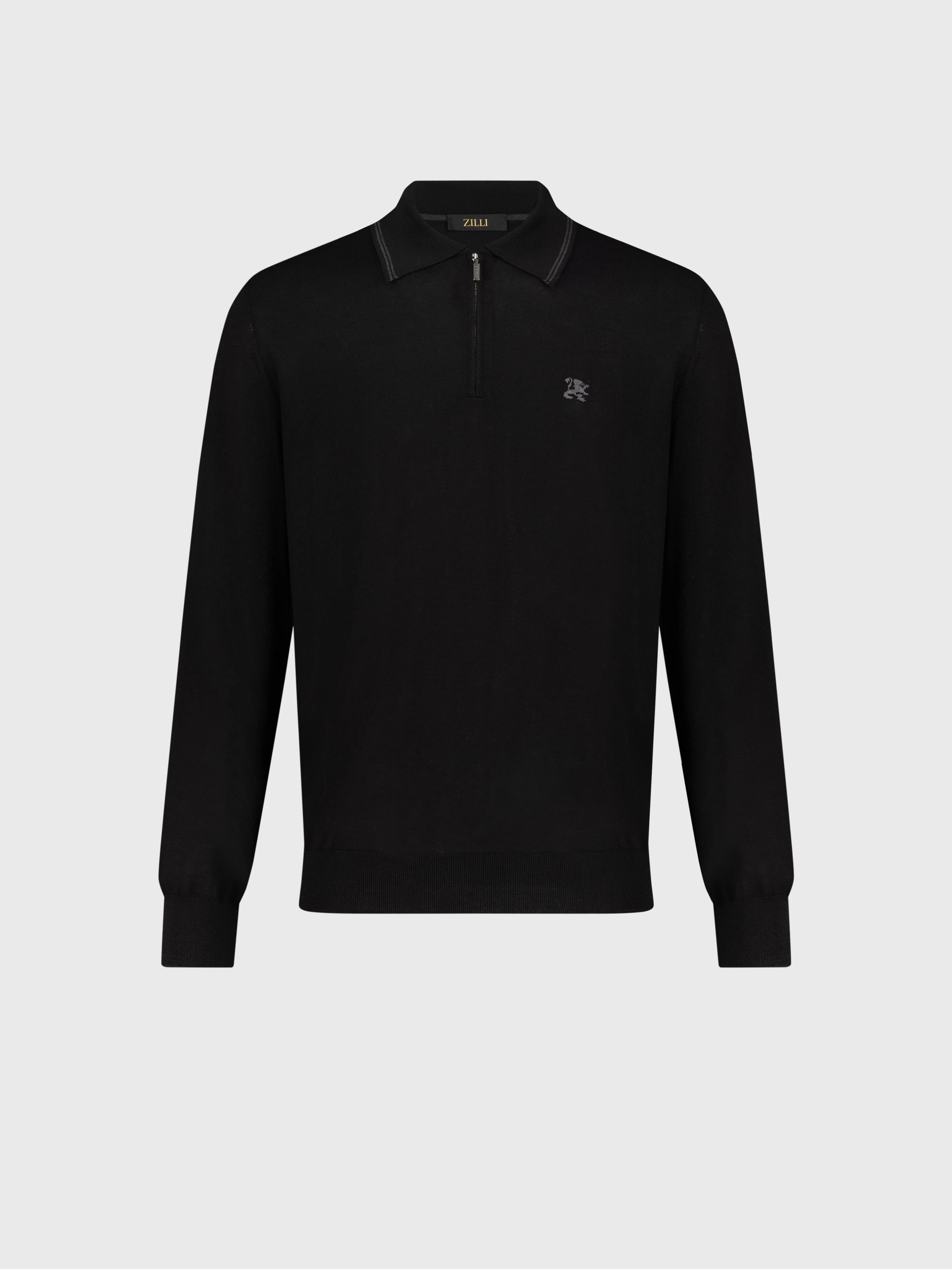 Long Sleeve Polo Shirt with Griffon Emblem Embroidery Black