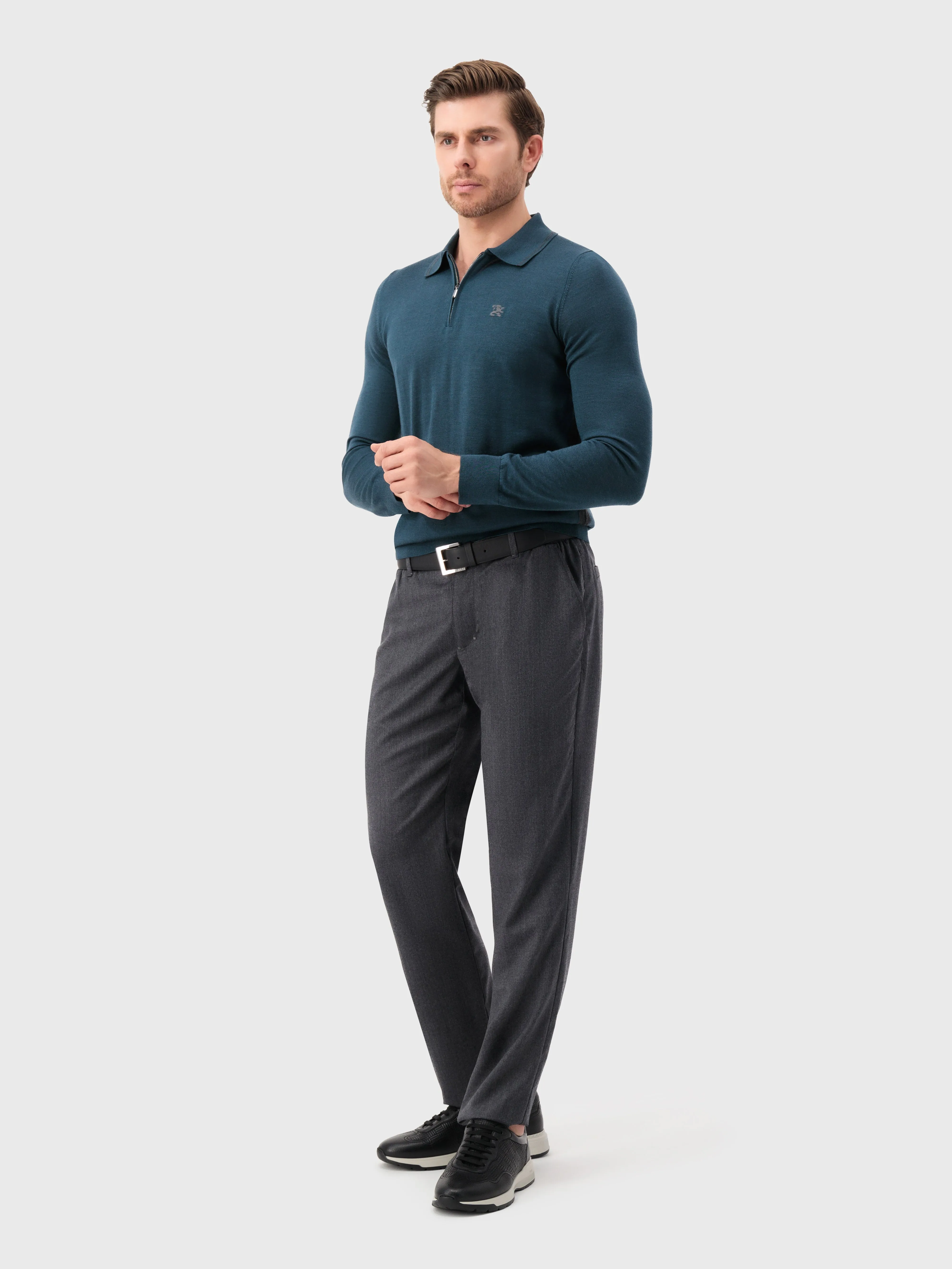 Long Sleeve Polo Shirt with Griffon Emblem Embroidery Dark Green