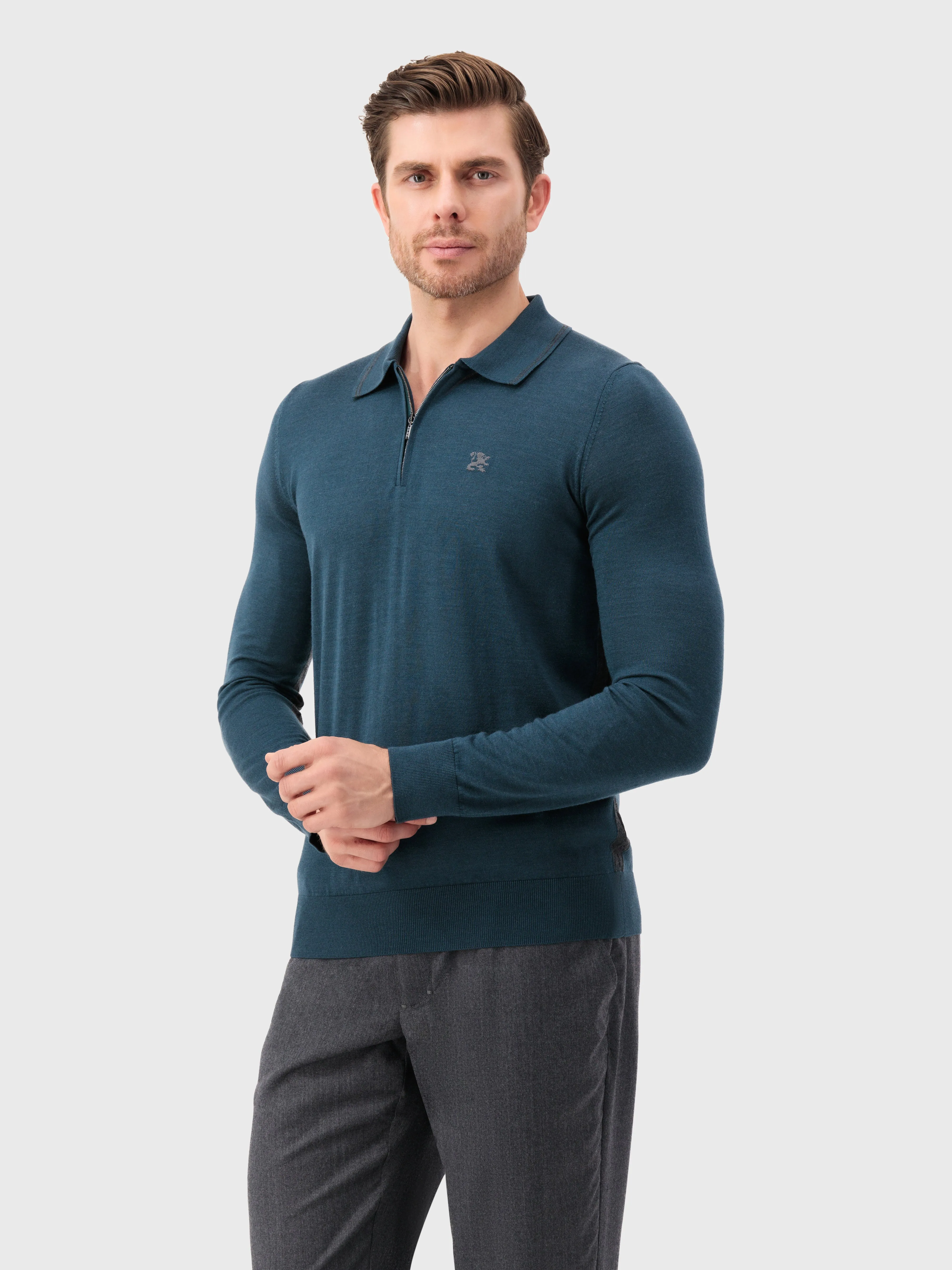 Long Sleeve Polo Shirt with Griffon Emblem Embroidery Dark Green
