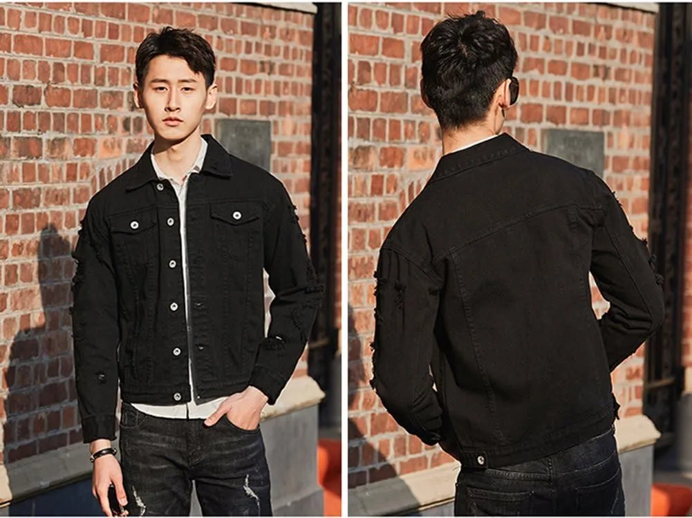 Men`s Retro Vintage Washed Ripped Hip Hop Motorcycle Denim Jacket