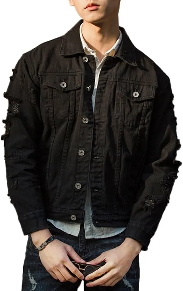 Men`s Retro Vintage Washed Ripped Hip Hop Motorcycle Denim Jacket